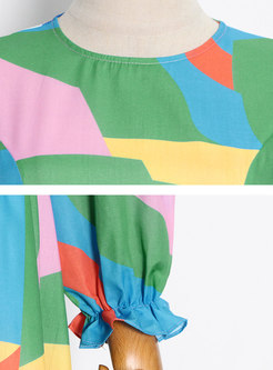 Boho Lantern Sleeve Geometric Print Maxi Dress