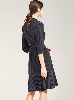Deep Blue Lapel 3/4 Sleeve Striped A Line Dress