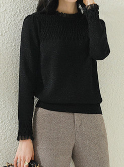 Mock Neck Pullover Patchwork Ruched Sweater