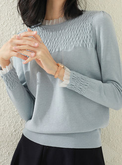 Mock Neck Pullover Patchwork Ruched Sweater