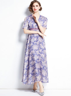Boho Purple V-neck Empire Waist Print Maxi Dress