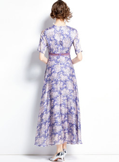 Boho Purple V-neck Empire Waist Print Maxi Dress