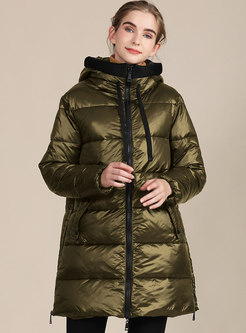 Solid Hooded Long Sleeve Straight Cotton-padded Coat