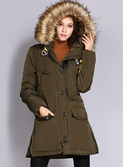 Hooded Flap Pocket Cotton-padded Coat With Fur Collar