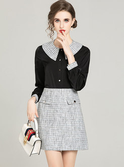 Turn-down Collar Plaid Patchwork A Line Skirt Suits