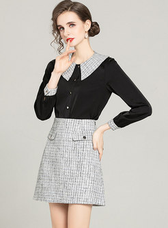 Turn-down Collar Plaid Patchwork A Line Skirt Suits