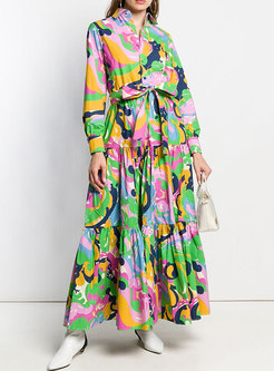 Boho Print Beach Maxi Dress With Long Sleeve