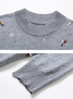 Grey Crew Neck Wool-blend Knit Sweater