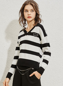 V-neck Striped Pullover Sweater With Back Tie