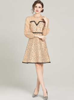 Cute Polka Dot Short Dress With Long Sleeve 