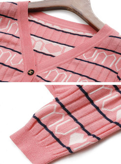 Pink V-neck Letter Knitted Cardigan