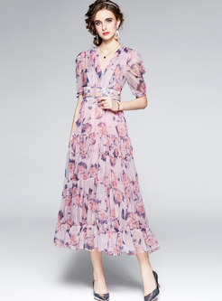 Boho Print Summer Long Dress With Puff Sleeve