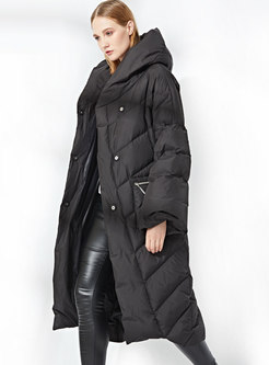 Black Straight Long Puffer Coat With Hood