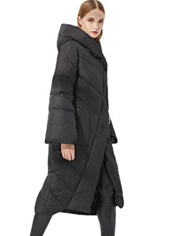 Black Straight Long Puffer Coat With Hood