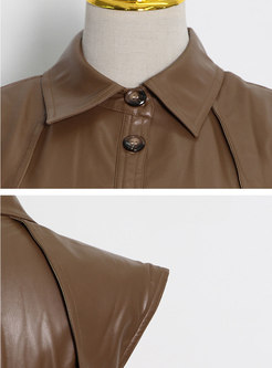 Casual Brown Leather Midi Dress With Buttons