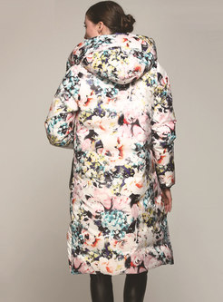 Hooded Printed Puffer Coat With Hidden Buttons