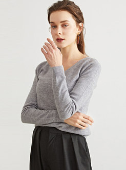 Grey V-neck Pullover Woolen Sweater