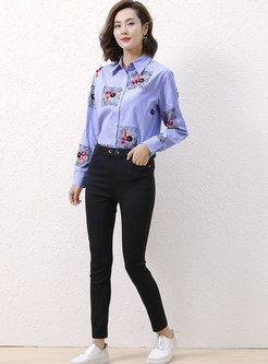 Blue Embroidered Striped Shirt With Buttons