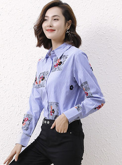 Blue Embroidered Striped Shirt With Buttons