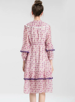 Sweet Pink Floral Midi Dress With Long Sleeve