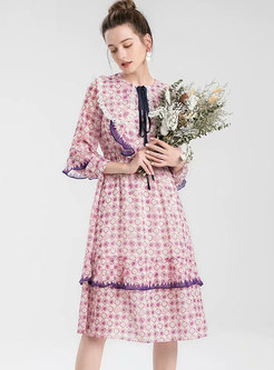 Sweet Pink Floral Midi Dress With Long Sleeve