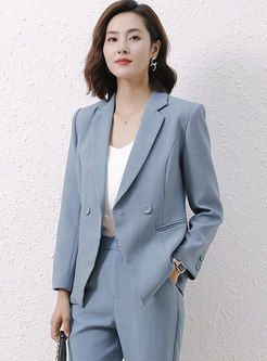 Blue Double-breasted Blazer With Split Design