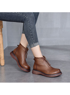 Rounded Toe Leather Ankle Boots With Front Zipper
