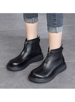 Rounded Toe Leather Ankle Boots With Front Zipper