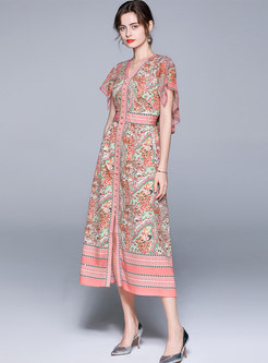 Boho Floral Midi Dress With Cloak Sleeve
