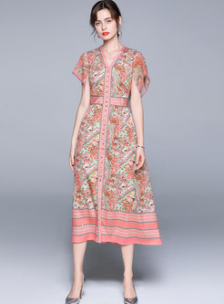 Boho Floral Midi Dress With Cloak Sleeve