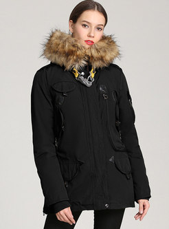 Black Flap Pocket Parka Coat With Faux Fur Hood