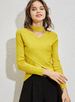 Halter V-neck Pullover Wool Sweater Tee