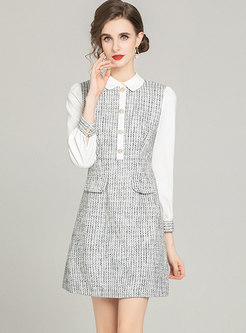 Long Sleeve Tweed Short Dress With Buttons