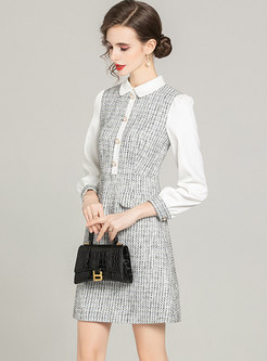 Long Sleeve Tweed Short Dress With Buttons