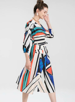 Boho V-neck Geometric Pattern Wrap Midi Dress