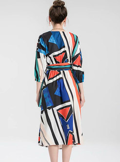 Boho V-neck Geometric Pattern Wrap Midi Dress