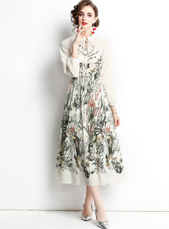 Boho Long Sleeve Drawstring Floral Midi Dress