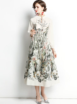 Boho Long Sleeve Drawstring Floral Midi Dress