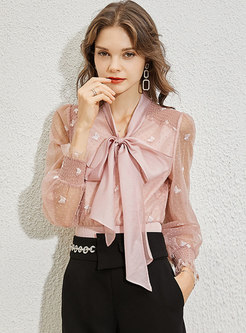 Cute Bowknot Embroidered Pullover Blouse