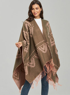 Geometric Pattern Fringed Faux Cashmere Scarf