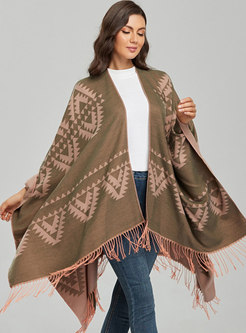 Geometric Pattern Fringed Faux Cashmere Scarf