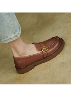 Leather Buckle Low Block Heel Loafers