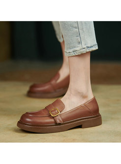 Leather Buckle Low Block Heel Loafers