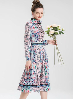 Long Sleeve Floral Pleated Midi Shirt Dress