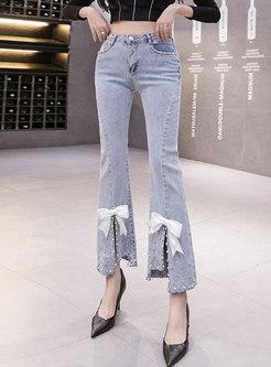 High Waisted Bowknot Cropped Bell Bottom Jeans