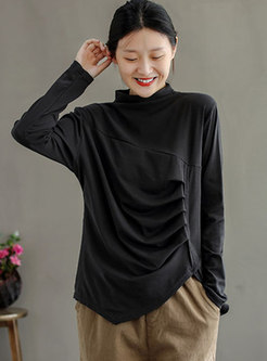 Turtleneck Ruched Pullovers Long Sleeve Tee