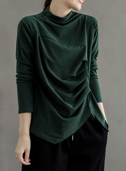 Turtleneck Ruched Pullovers Long Sleeve Tee