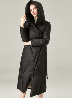 Hooded Button-down Wrap Long Down Coat