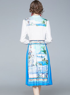 Long Sleeve Printed High Waisted Casual Dress