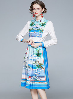 Long Sleeve Printed High Waisted Casual Dress